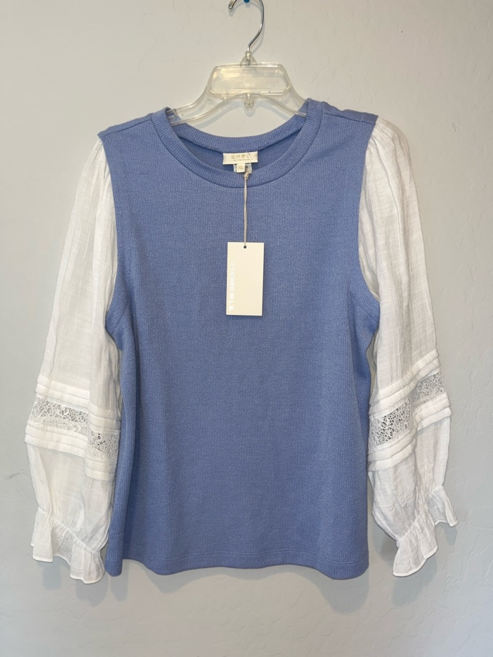 SHOL Women’s Mixed Media Blue Knit, white woven Puff Long Sleeves Blouse Size XL